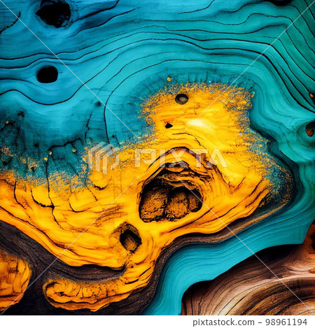 Yellow and sea blue Burl wood surface abstract background. Decorative timber panel closeup, detailed wooden texture. Natural material dyed Yellow and sea blue wood abstract pattern. 98961194
