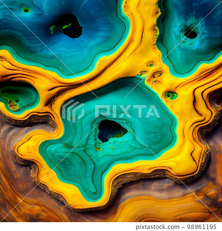 Yellow and sea blue Burl wood surface abstract background. Decorative timber panel closeup, detailed wooden texture. Natural material dyed Yellow and sea blue wood abstract pattern. Yellow and sea blue Burl wood surface abstract background. Decorative timber panel closeup, detailed wooden texture. Natural material dyed Yellow and sea blue wood abstract pattern. 98961195