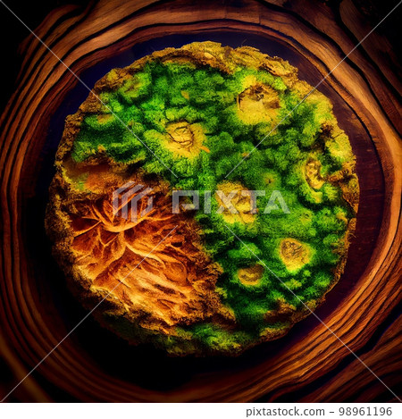 Burl wood surface with moss abstract background. Decorative timber panel closeup, detailed wooden texture. Natural material wood with green moss abstract pattern. 98961196