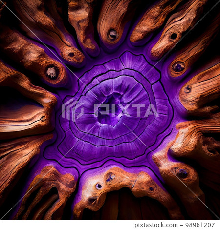 Violet Burl wood surface abstract background. Decorative timber panel closeup, detailed wooden texture. Natural material dyed Violet wood abstract pattern. 98961207