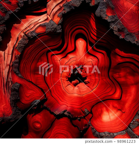 Red Burl wood surface abstract background. Decorative timber panel closeup, detailed wooden texture. Natural material dyed Red wood abstract pattern. 98961223