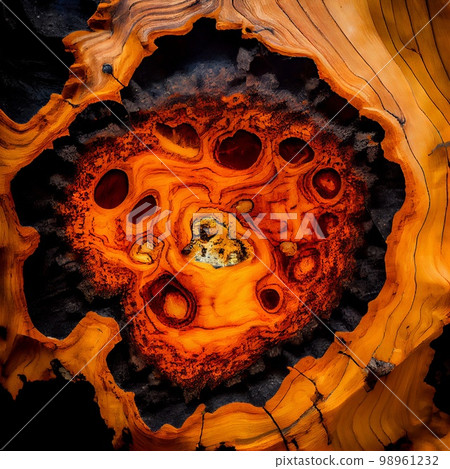 Orange and black Burl wood surface abstract background. Decorative timber panel closeup, detailed wooden texture. Natural material dyed Orange and black wood abstract pattern. 98961232