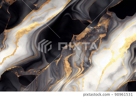 White marble with gold and black obsidian surface abstract background. Decorative acrylic paint pouring rock marble texture. Horizontal natural black and gold abstract pattern. 98961531