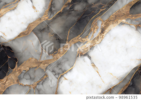 White marble with gold and black obsidian surface abstract background. Decorative acrylic paint pouring rock marble texture. Horizontal natural black and gold abstract pattern. 98961535