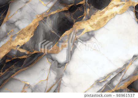 White marble with gold and black obsidian surface abstract background. Decorative acrylic paint pouring rock marble texture. Horizontal natural black and gold abstract pattern. 98961537