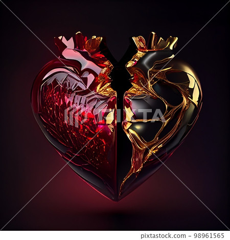 Shiny red ruby and gold broken heart isolated on black background. Natural precious mineral stone artistic illustration. Decorative ruby and gold crystal heart poster. 98961565