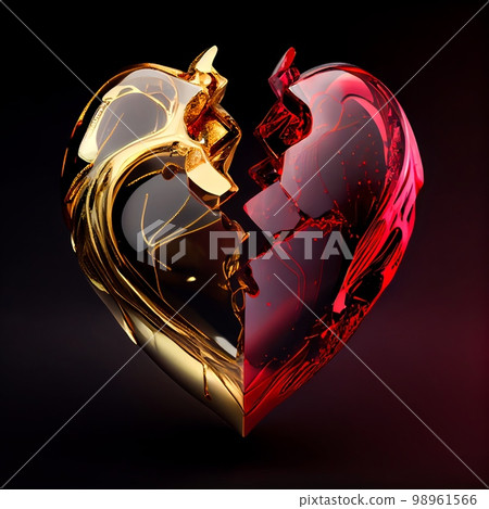 Shiny red ruby and gold broken heart isolated on black background. Natural precious mineral stone artistic illustration. Decorative ruby and gold crystal heart poster. 98961566
