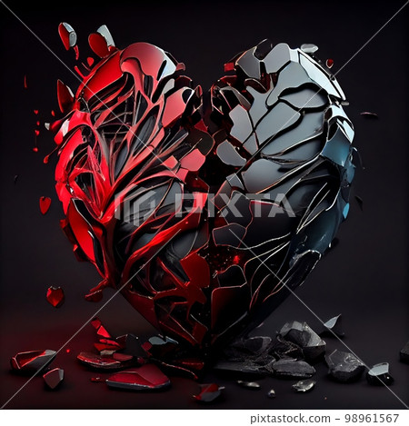 Shiny ruby and black diamond broken heart isolated on black background. Natural precious mineral stone artistic illustration. Decorative ruby and black diamond crystal heart poster. 98961567