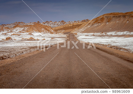 Dirt road in Moon Valley dramatic landscape at Sunset, Atacama Desert, Chile Dirt road in Moon Valley dramatic landscape at Sunset, Atacama Desert, Chile 98961609