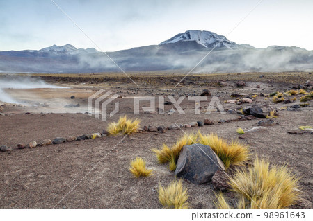 Geysers El Tatio with river and volcanic landscape at sunrise, Atacama, Chile Geysers El Tatio with river and volcanic landscape at sunrise, Atacama, Chile 98961643