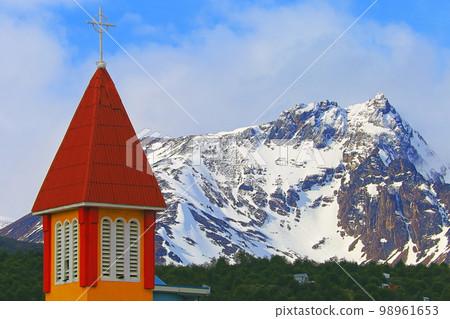 Beagle Channel in Tierra Del Fuego, Ushuaia cityscape, Argentina 98961653