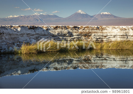 Licancabur with reflection lake and volcanic landscape at Sunset, Atacama, Chile 98961801