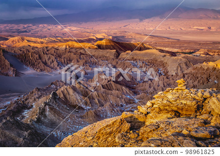 Moon Valley dramatic landscape at Sunset, Atacama Desert, Chile Moon Valley dramatic landscape at Sunset, Atacama Desert, Chile 98961825
