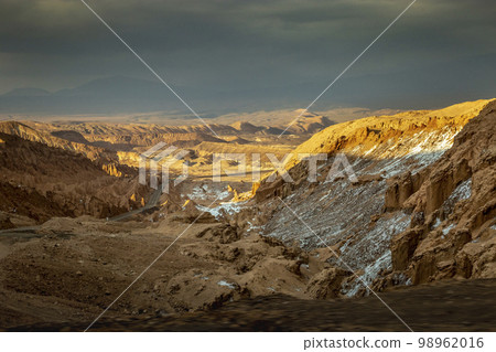 Moon Valley dramatic landscape at Sunset, Atacama Desert, Chile Moon Valley dramatic landscape at Sunset, Atacama Desert, Chile 98962016