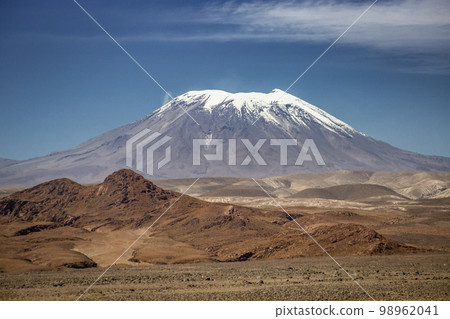 Lascar Volcano and dramatic volcanic landscape at Sunset, Atacama Desert, Chile 98962041