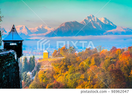 Salzburg medieval old town towers and domes at autumn, Salzburger land, Austria 98962047