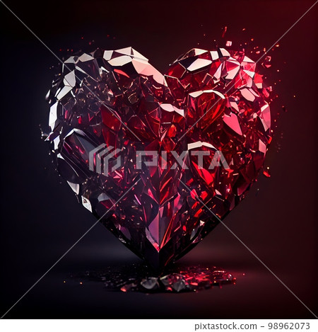 Shiny red ruby broken heart isolated on black background. Natural precious mineral stone artistic illustration. Decorative ruby crystal heart poster. 98962073