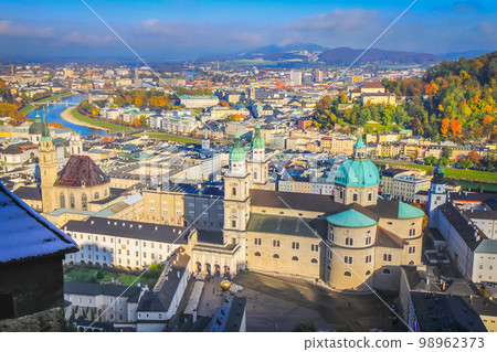 Salzburg medieval old town towers and domes at autumn, Salzburger land, Austria 98962373
