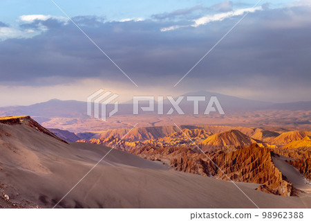 Moon Valley dramatic landscape at Sunset, Atacama Desert, Chile 98962388