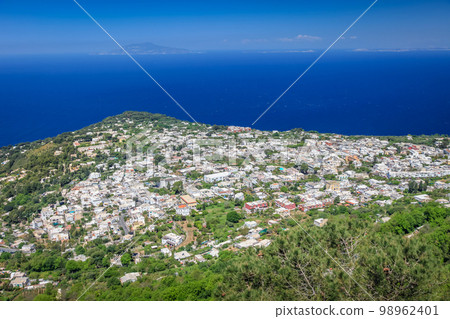 Above Ana Capri city cliffs and marina with boats and yacht, amalfi coast, Italy 98962401