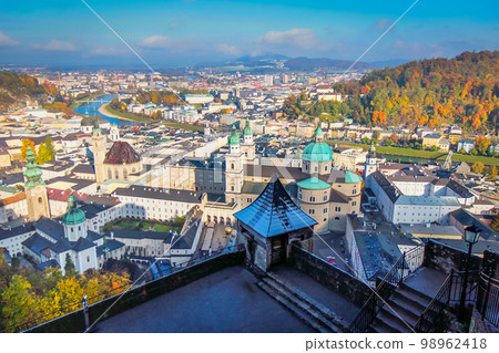 Salzburg medieval old town towers and domes at autumn, Salzburger land, Austria 98962418