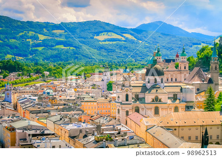 Salzburg medieval old town towers and domes at autumn, Salzburger land, Austria 98962513