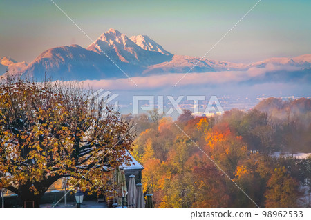 Salzburg medieval old town towers and domes at autumn, Salzburger land, Austria 98962533