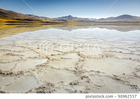 Salt lake, volcanic landscape at sunrise, Atacama, Chile border with Bolivia Salt lake, volcanic landscape at sunrise, Atacama, Chile border with Bolivia 98962557