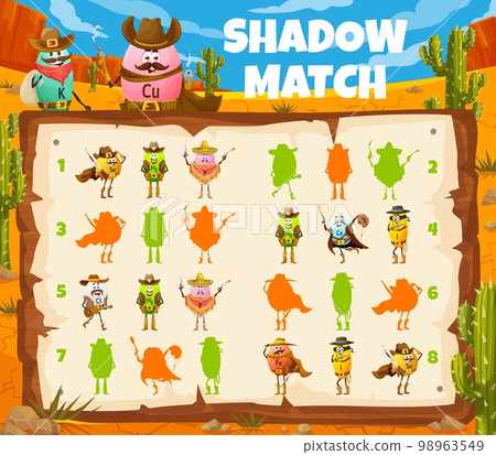 Shadow match game. Wild west cartoon cowboy, sheriff, bandit and robber vitamin characters. Silhouette search quiz, shadow match puzzle vector worksheet with Cu, Se, Mg and P, Ca, Cl cute personages 98963549