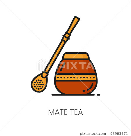 Mate tea in calabash and bombilla and yerba isolated color line icon, traditional Argentina drink. Vector mate in a traditional calabash gourd Mate tea in calabash and bombilla and yerba isolated color line icon, traditional Argentina drink. Vector mate in a traditional calabash gourd 98963571
