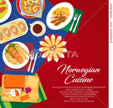 Norwegian cuisine menu cover, food dishes and lunch or dinner meals, vector poster. Norwegian cuisine restaurant salmon sandwiches, beef stew and lamb with potatoes cabbage and meat stew with pastry 98963604