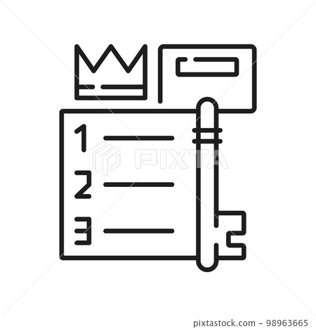Keywords search, reviewed. List with tips, ranking isolated outline icon. Keyword key with crown, seo and words search, meta data traffic Keywords search, reviewed. List with tips, ranking isolated outline icon. Keyword key with crown, seo and words search, meta data traffic 98963665