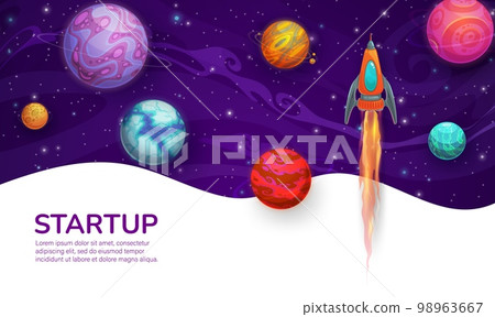 Business startup project. Rocketship launch and galaxy space planets. Startup launch landing page layout or cartoon background, business project website vector template, company social media homepage Business startup project. Rocketship launch and galaxy space planets. Startup launch landing page layout or cartoon background, business project website vector template, company social media homepage 98963667
