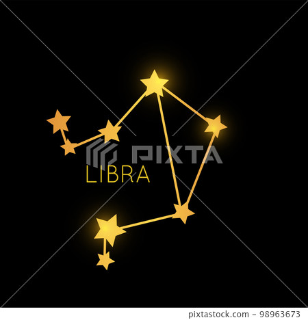 Libra golden zodiac constellation, gold stars magic sign. Vector celestial magic space galaxy icon. Horoscope symbol, star astrology sign 98963673