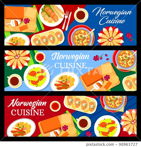 Norwegian cuisine banners, Scandinavian food dishes or lunch and dinner meals, vector. Norway cuisine restaurant dishes of salmon, lamb meat or cabbage stew and pastry waffles with cream krumkake 98963727