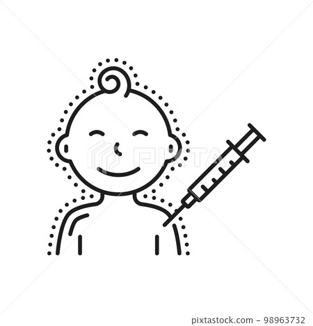 Immunization of baby child, smallpox vaccine syringe for boy or girl isolated outline icon. Vector chicken pox vaccination, healthcare concept Immunization of baby child, smallpox vaccine syringe for boy or girl isolated outline icon. Vector chicken pox vaccination, healthcare concept 98963732