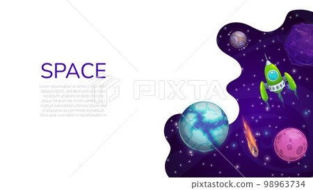 Landing page space, cartoon galaxy space planets and rocket. Vector web banner design with starship flying in Universe with stars, comets and alien planets. Astronomy education, colonization mission Landing page space, cartoon galaxy space planets and rocket. Vector web banner design with starship flying in Universe with stars, comets and alien planets. Astronomy education, colonization mission 98963734