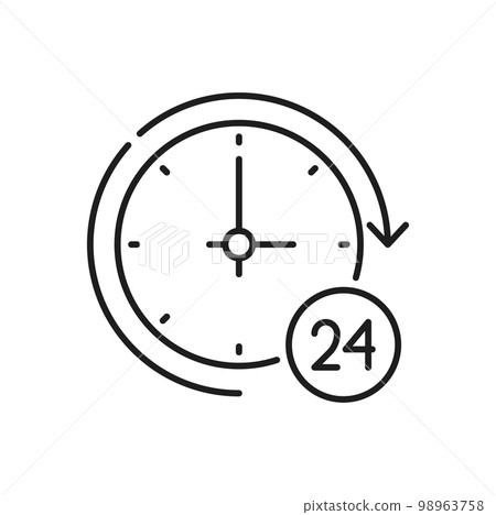 Call center 24 hours online, time of working, timer clock with all day round schedule. Vector delivery service icon, supermarket work hours Call center 24 hours online, time of working, timer clock with all day round schedule. Vector delivery service icon, supermarket work hours 98963758