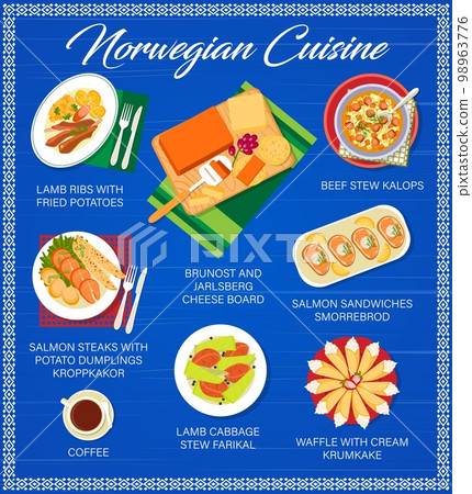 Norwegian cuisine menu, food dishes and Scandinavian meals, vector. Norway cuisine restaurant traditional salmon sandwiches smorrebrod, lamb ribs with fried potatos and beef stew kalops Norwegian cuisine menu, food dishes and Scandinavian meals, vector. Norway cuisine restaurant traditional salmon sandwiches smorrebrod, lamb ribs with fried potatos and beef stew kalops 98963776