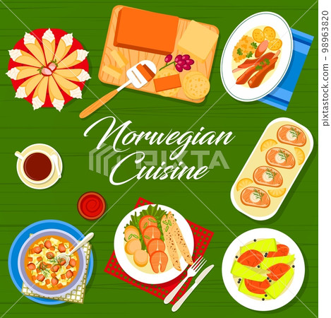 Norwegian cuisine menu cover with Scandinavian food dishes and meals, vector poster. Norway cuisine lunch and dinner food of salmon sandwiches, beef stew kalops and lamb cabbage farikal with pastry Norwegian cuisine menu cover with Scandinavian food dishes and meals, vector poster. Norway cuisine lunch and dinner food of salmon sandwiches, beef stew kalops and lamb cabbage farikal with pastry 98963820