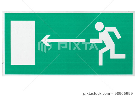 Board direction of exit from building during evacuation. Figure of man on arrow moves towards door 98966999
