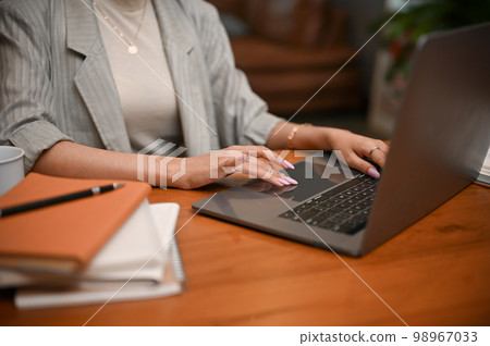 Millennial Asian businesswoman planning her project, using laptop computer. cropped 98967033