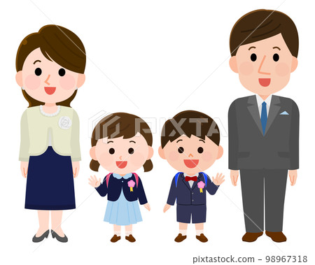 一家四口穿著正裝在入學和畢業典禮上微笑的插圖 98967318
