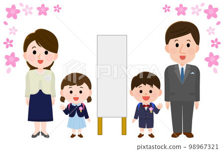 Cherry blossom frame Illustration of a smiling family of four in formal attire for entrance and graduation ceremonies 98967321