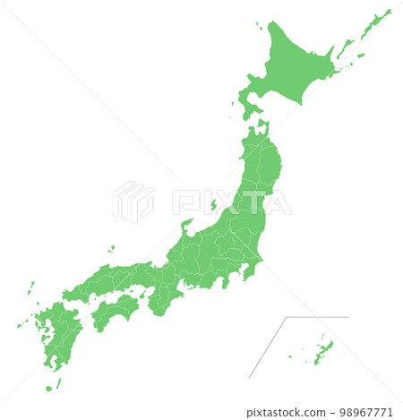 Silhouette illustration of a green map of Japan (with prefectural borders) that can be divided into parts Divided into parts 98967771