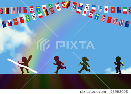 Relay run under the national flag Cut the goal tape of the relay competition 98968008