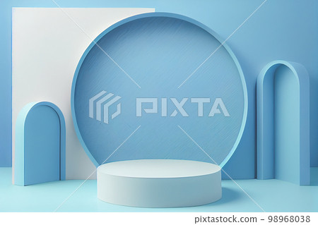 Pedestal podium with rounded corners in blue and white. Platform with geometric shapes. Pedestal podium with rounded corners in blue and white. Platform with geometric shapes. 98968038