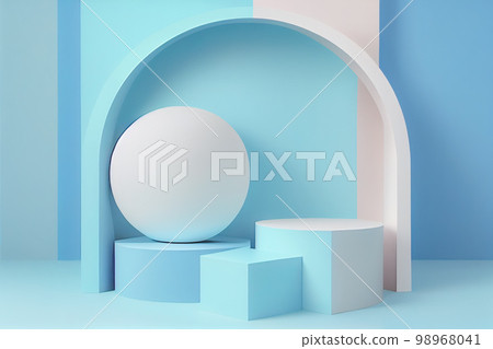 Pedestal podium with rounded corners in blue and white. Platform with geometric shapes. 98968041