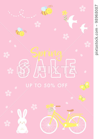 Background illustrations of spring icons (cherry blossoms, bicycles, rabbits, bees, butterflies, birds) 98968087