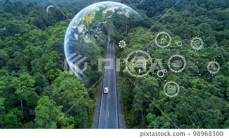 Electric vehicle car going through forest, EV electrical energy for environment, Nature power technology sustainable devlopment goals green energy, Ecosystem ecology healthy environment road trip 98968300